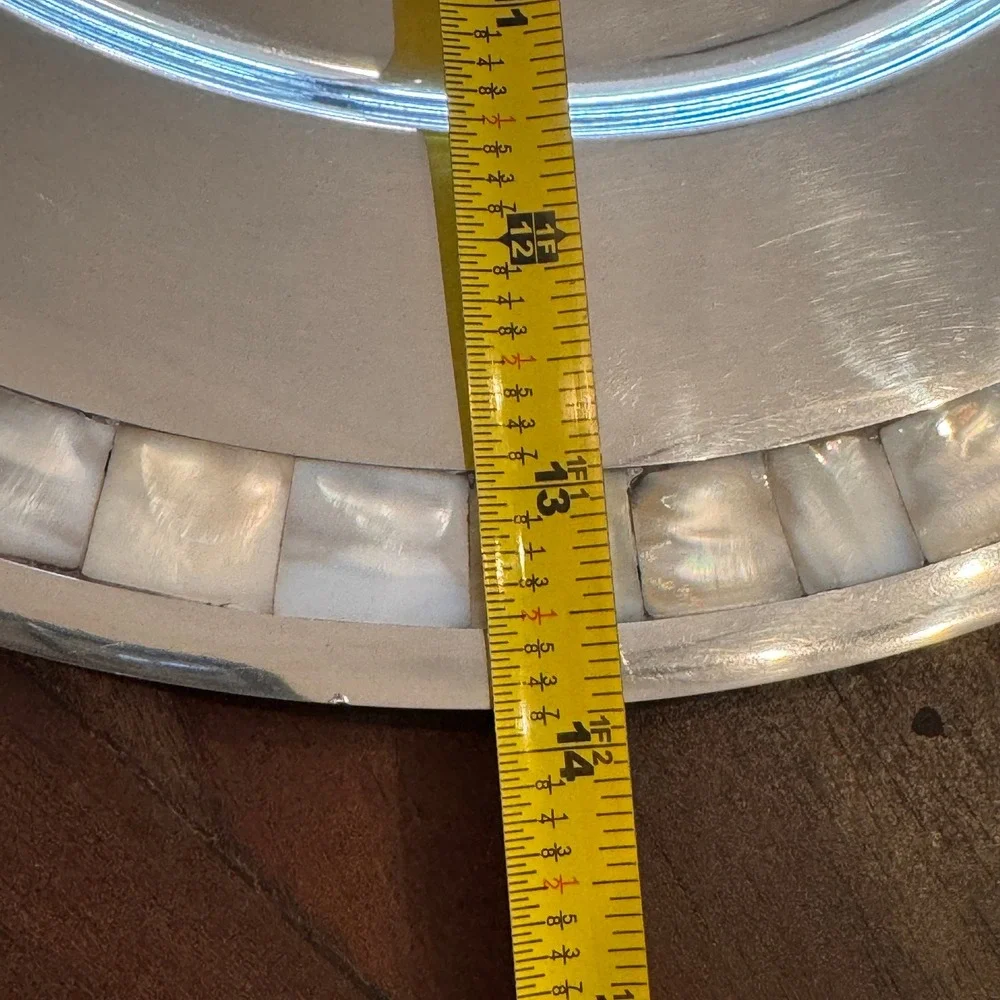 Pottery Barn Silver Tone Metal Charger Plate with Mosaic Shell Inlay Rim 13